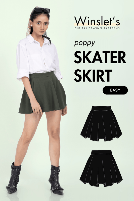 Waistband PDF women's sewing pattern for Poppy skater skirt with side seam zipper, mini length, and flared silhouette. Beginner-friendly digital pattern.