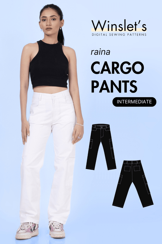Women's cargo pants sewing pattern 'Raina' with straight-leg cut and flap pockets, ideal for woven fabrics. Intermediate PDF pattern by Winslet's.