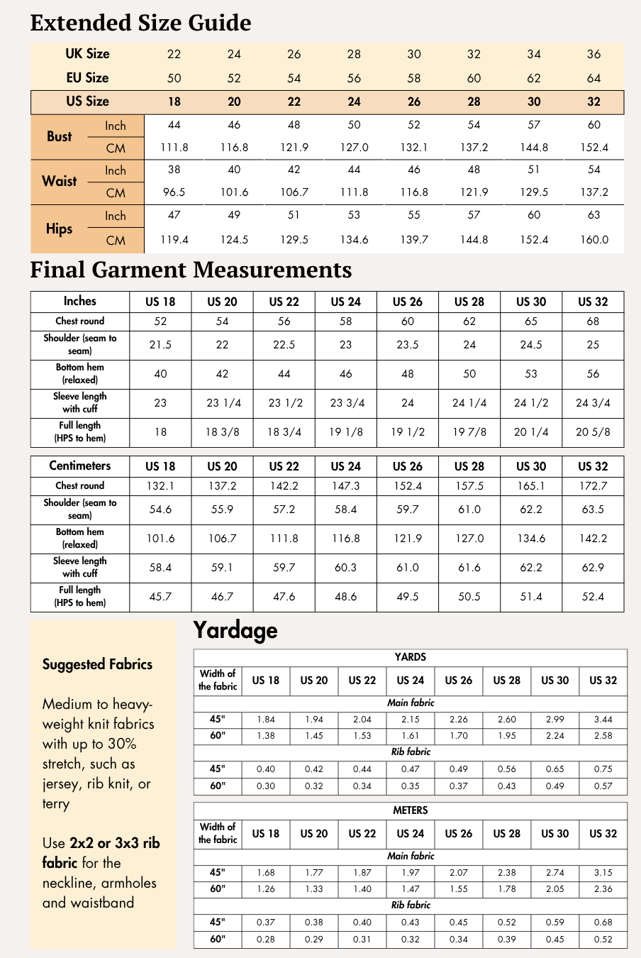 Extended Size guide chart for women's bomber jacket 'Raya' with measurements in inches and centimeters for various sizes