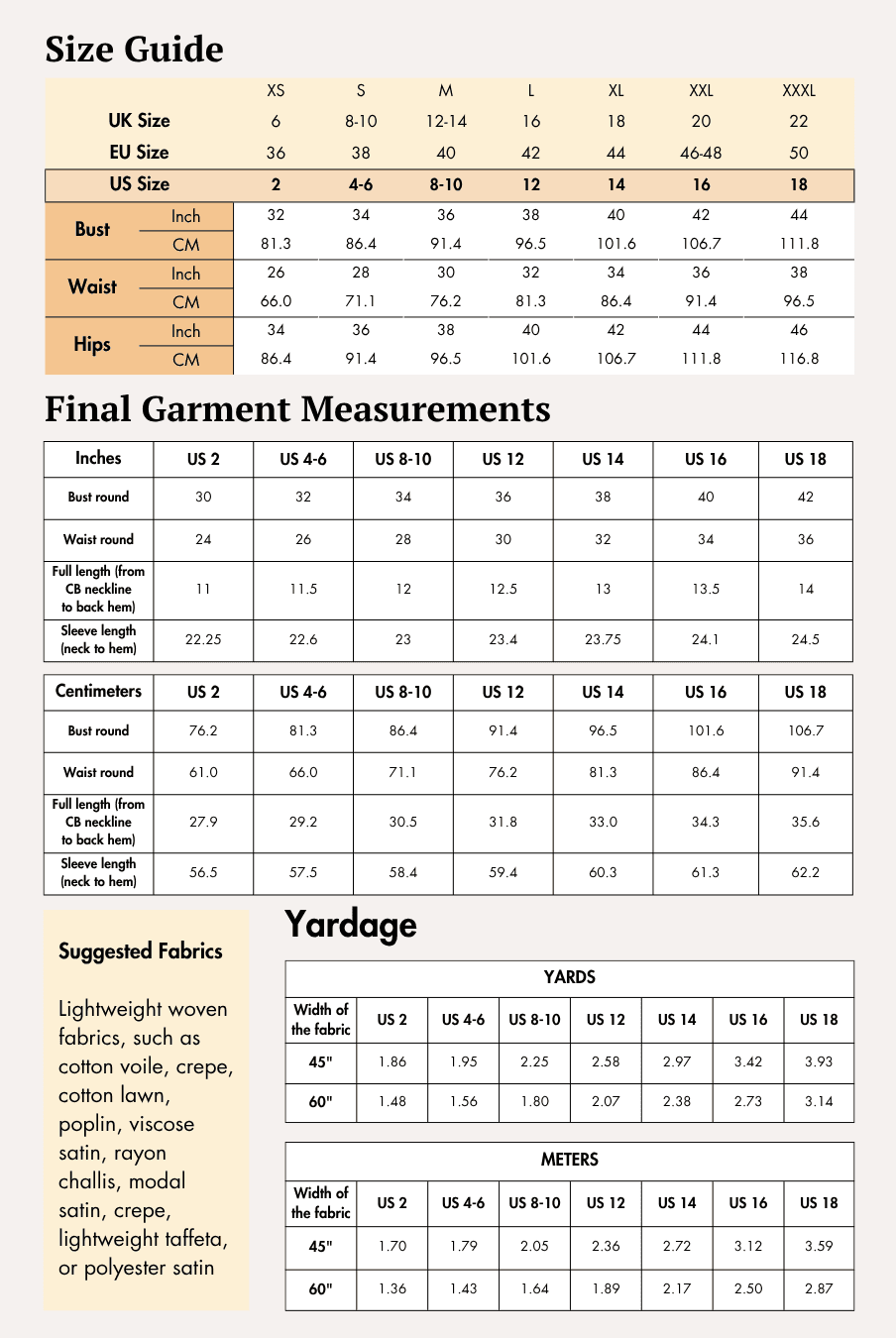 Size guide and measurements for women's blouse sewing pattern 'Reese'