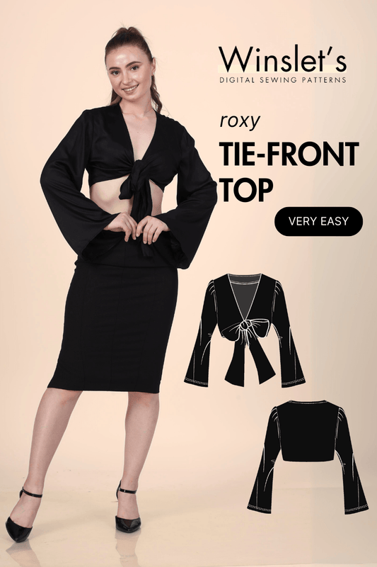 Tie Front Crop Top PDF Women's Blouse Sewing Pattern with long bell sleeves, plunging neckline, and flared hems in black fabric.