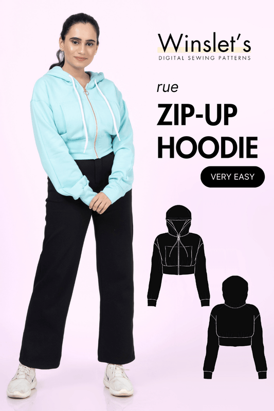 Zip Up Hoodie PDF Women's Crop Jacket Sewing Pattern 'Rue' with long sleeves, ribbed cuffs, drop shoulder, and drawstring hood shown on model.