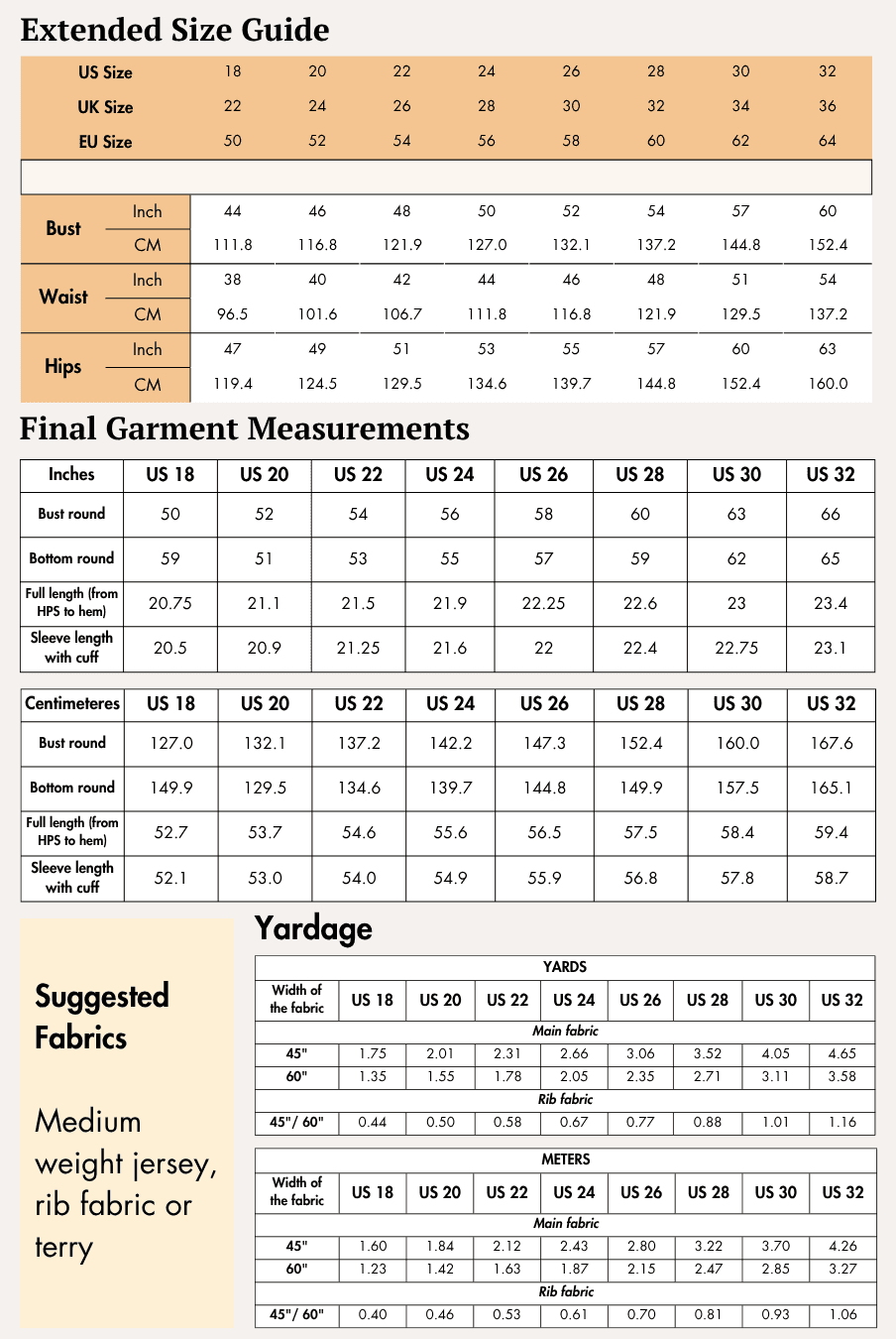 Extended size guide for women's clothing with bust, waist, hips measurements in inches and centimeters, including garment measurements for sewing patterns