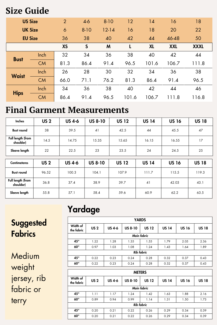 Size guide chart for women's hoodie sewing pattern with measurements