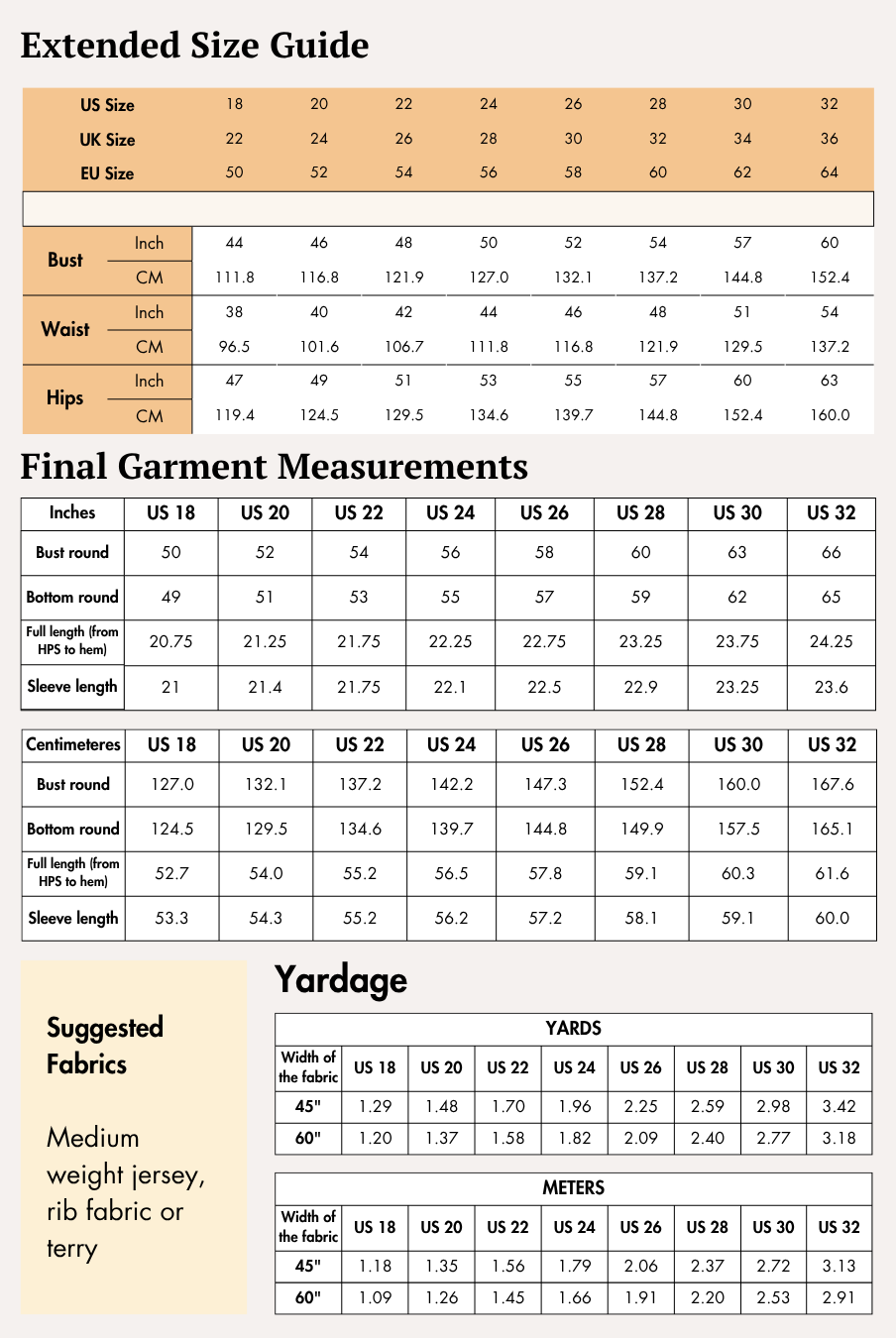 Extended Size guide chart for women's sweatshirt sewing pattern with measurements in inches and centimeters