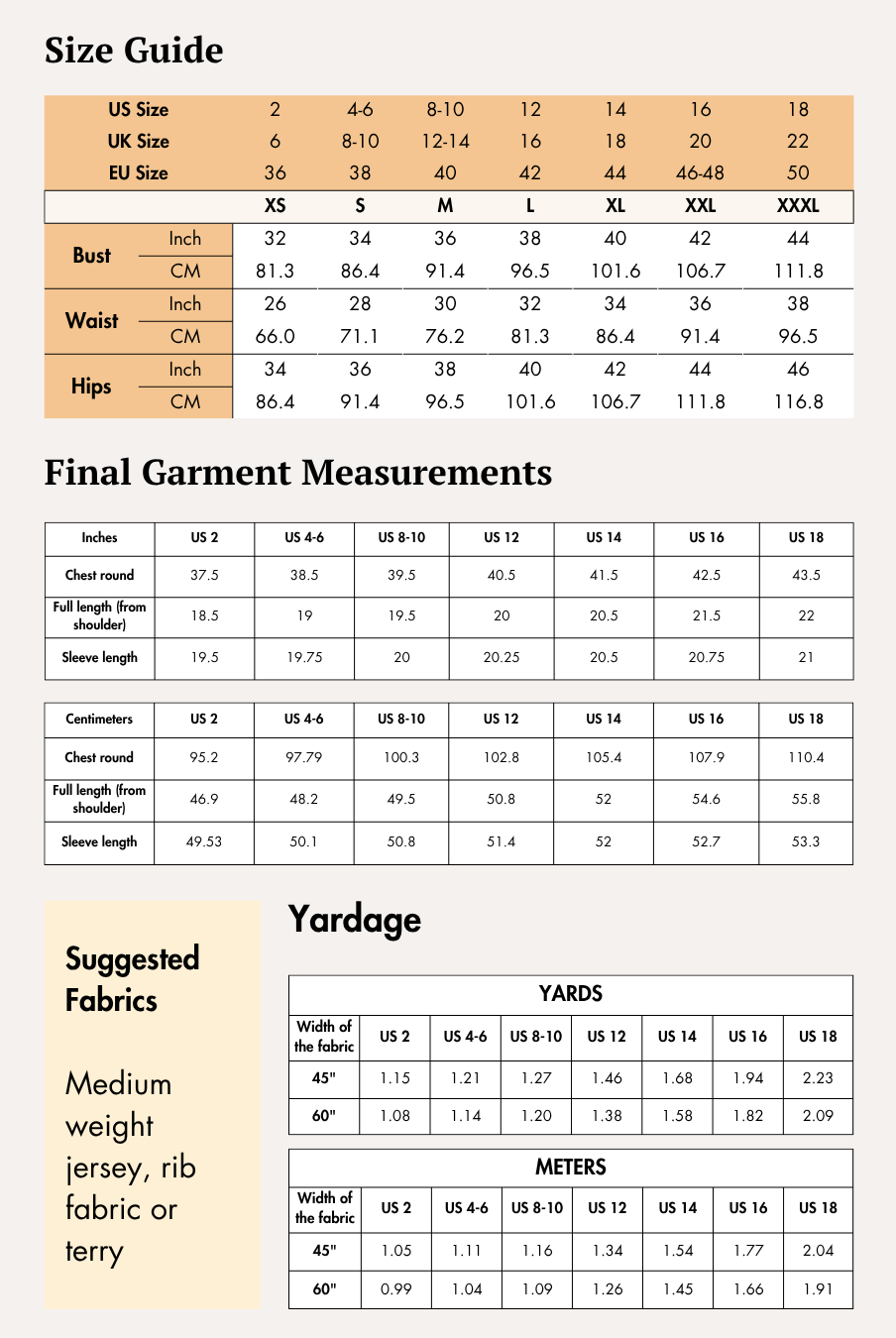 Size guide chart for women's sweatshirt sewing pattern with measurements in inches and centimeters