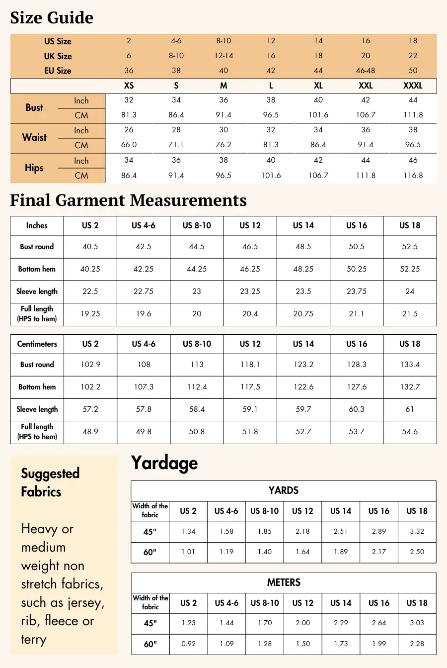 Size guide and fabric recommendations for the 'Noelle' short jacket sewing pattern, including measurements and fabric yardage details.