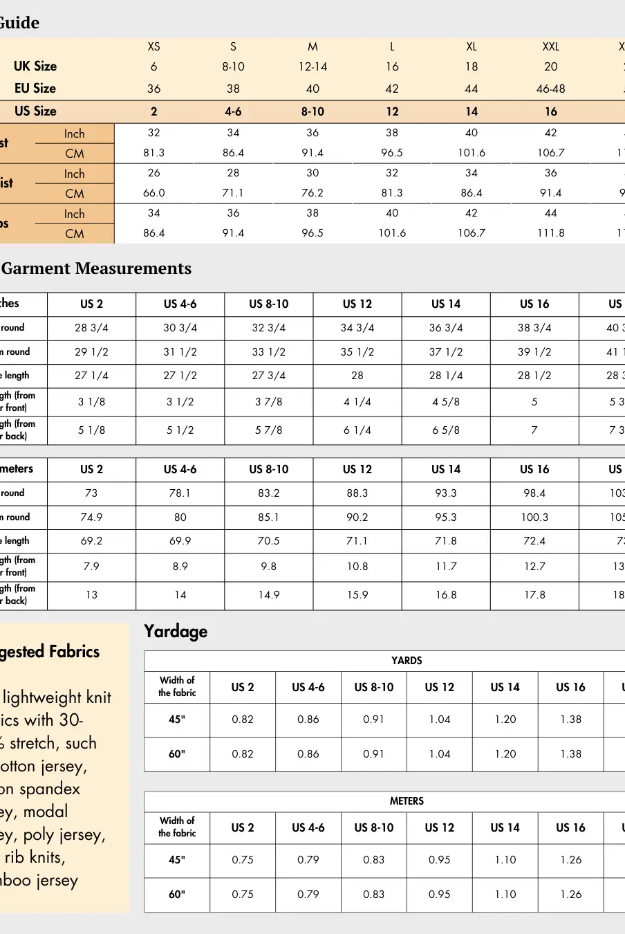 Size chart and fabric guide for Bolero Shrug Sewing Pattern with US, UK, EU sizes, yardage, and suggested stretch knit fabrics like jersey and rib knits.