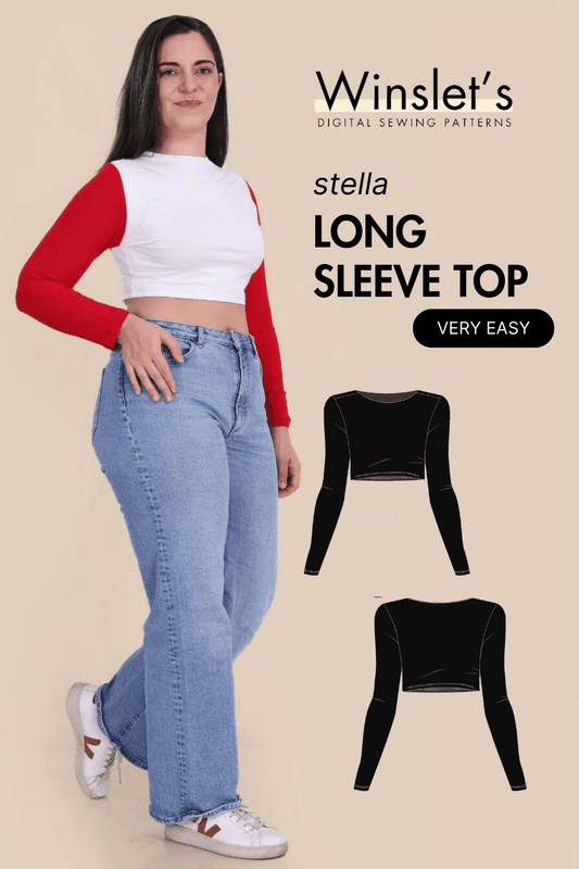 Long Sleeve Crop Top Sewing Pattern 'Stella' PDF with mock neck and bodycon fit, ideal for beginners. Features color-blocked sleeves and easy instructions.