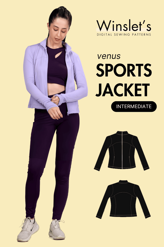 Sports Jacket PDF Women's Sewing Pattern with long sleeves, high neckline, full zip closure, and thumbhole cuffs shown on model in lavender.