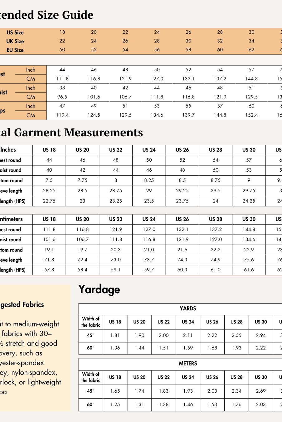 Extended Size chart for women's sports jacket sewing pattern 'Venus' with bust, waist, and hips measurements