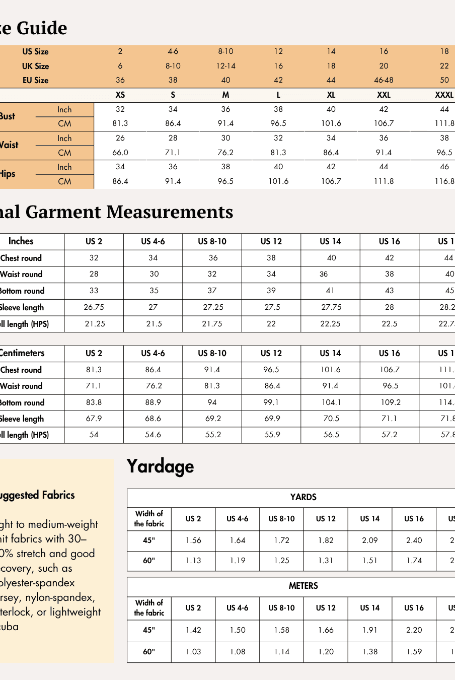 Size chart for women's sports jacket sewing pattern 'Venus' with bust, waist, and hips measurements