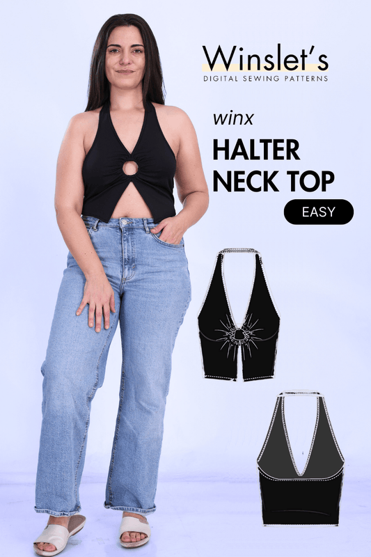 Halter Neck PDF Women's Crop Top Sewing Pattern with keyhole detail, sleeveless and backless design, ideal for party wear and beginners.