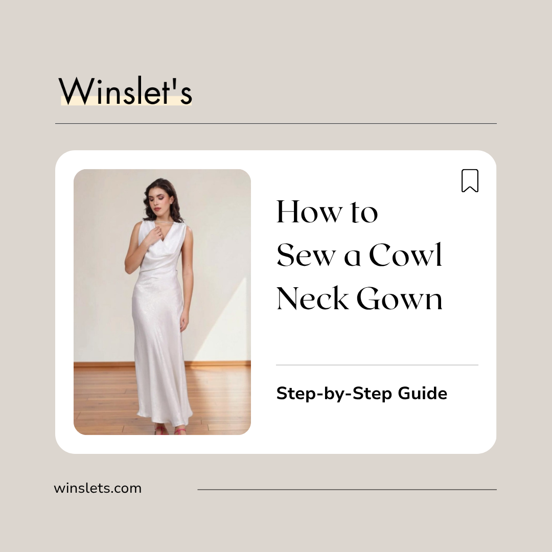 Woman wearing the Winslet's IVORY Cowl Neck Gown sewing pattern featuring a draped cowl neckline, open back, decorative shoulder straps, side slit, flared skirt, and invisible zipper closure sewn in poly-satin fabric.