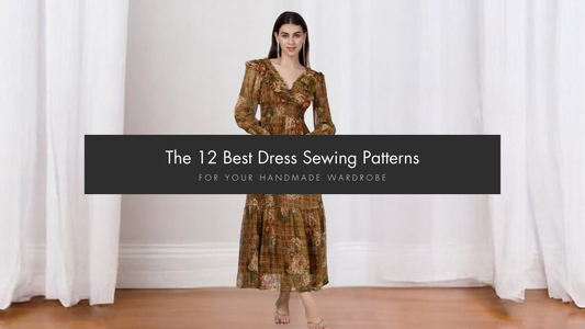 Woman wearing a floral midi dress promoting 12 best dress sewing patterns.