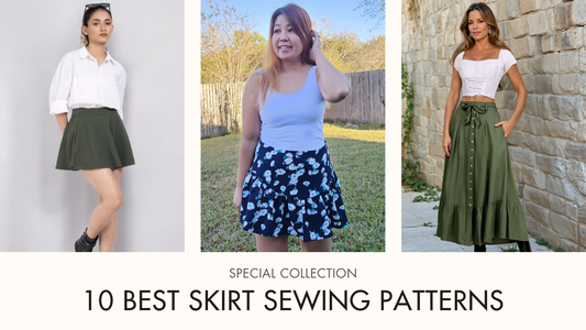 Stylish women modeling the 10 best skirt sewing patterns to sew right now.