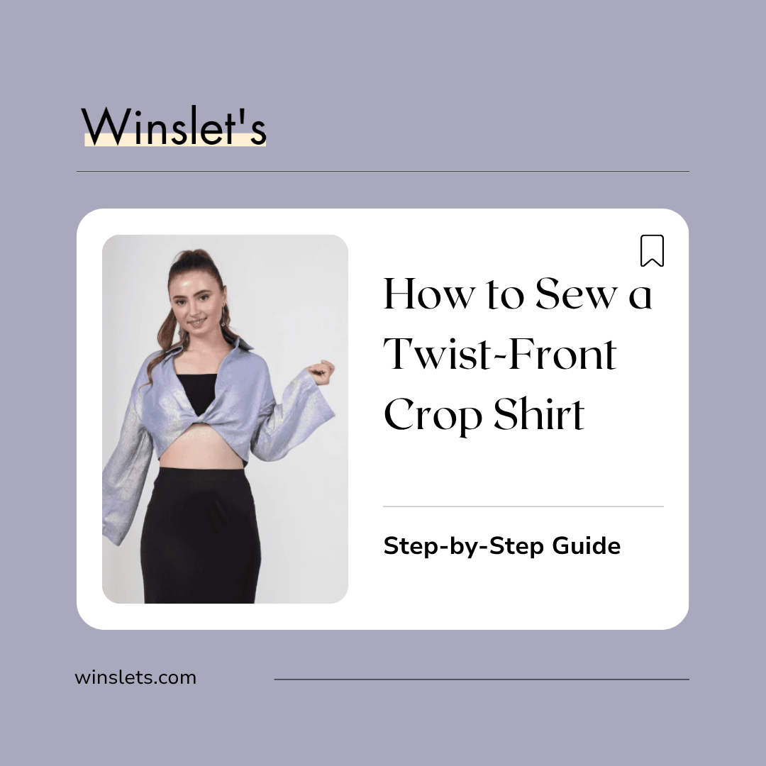 Hazel Twist Front Crop Shirt sewing pattern featuring a twisted centre front, plunging neckline, conventional collar, cropped length, and long bell sleeves.