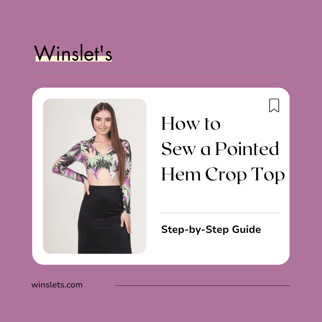 Rowan Pointed Hem Crop Top sewing pattern featuring a fitted long-sleeved crop top with a collared neckline, front snap closure, and decorative pointed hem.
