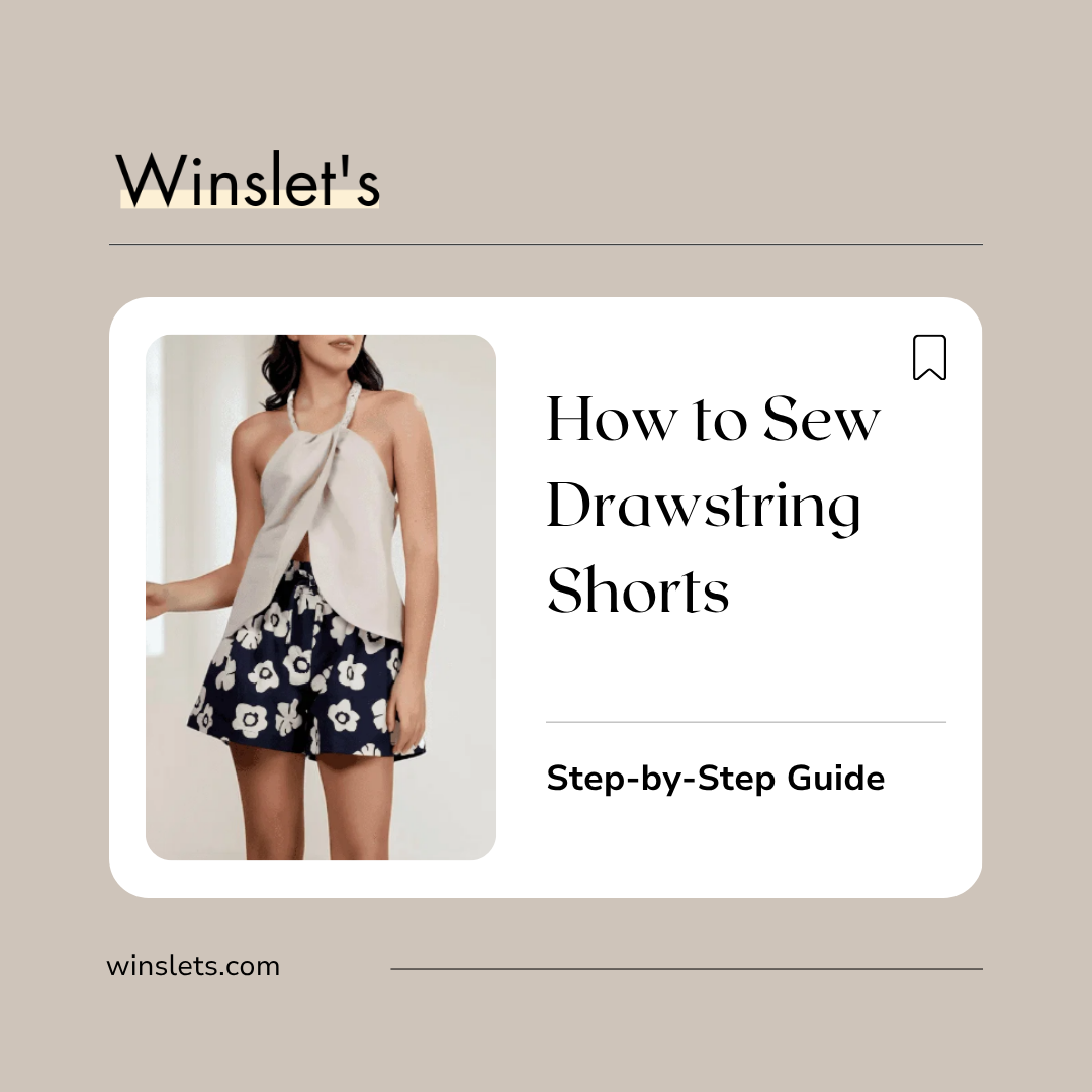Woman wearing the Marina Drawstring Shorts Sewing Pattern by Winslet's featuring flared shorts with an elastic waistband, adjustable drawstring, side seam pockets, and back welt pockets.