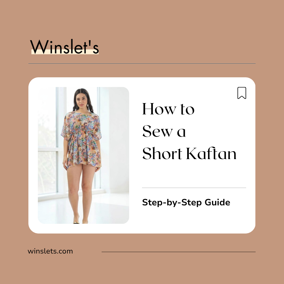 Woman wearing the Cora Short Kaftan sewing pattern featuring a loose-fit silhouette, boat neckline, short sleeves, and adjustable drawstring waist.