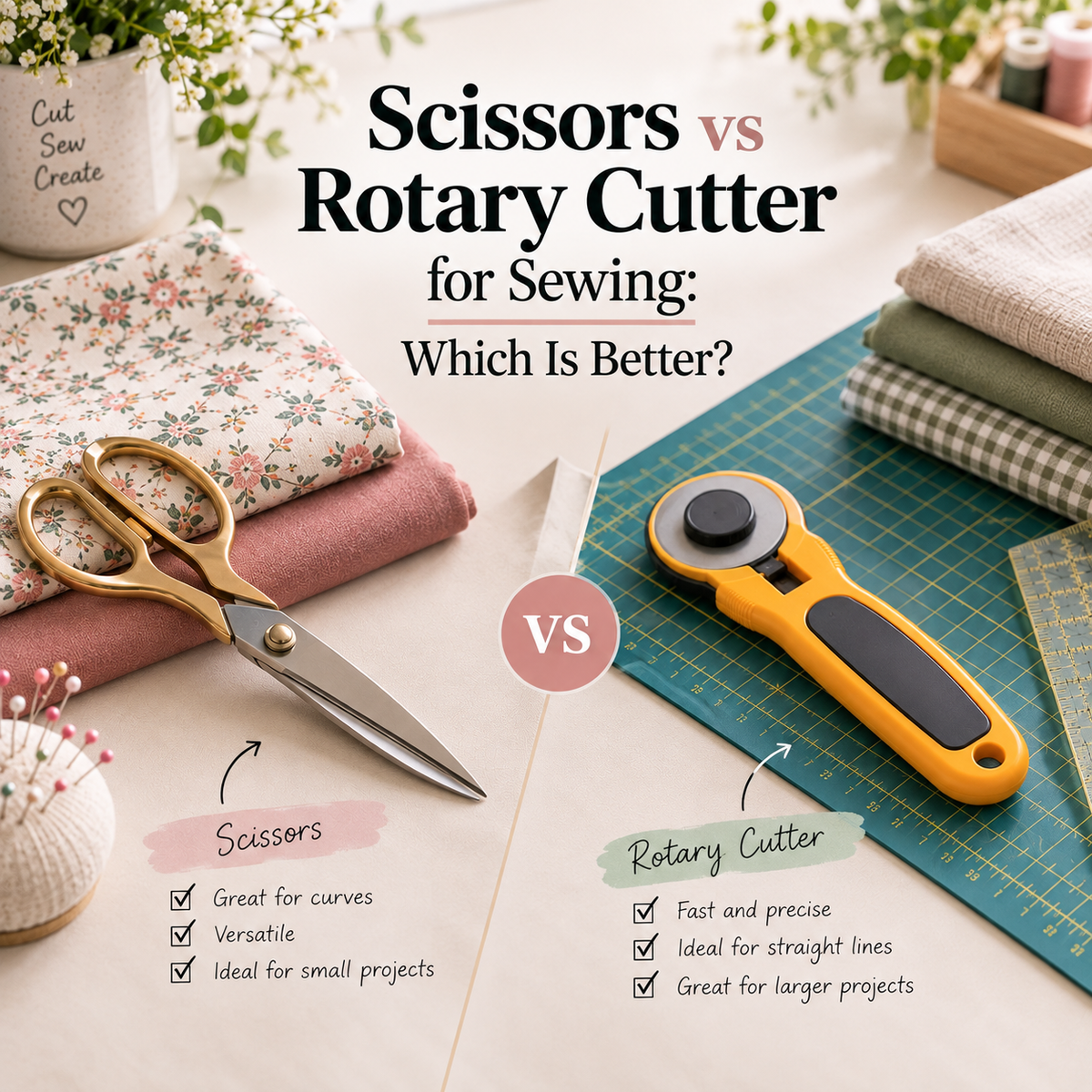 Fabric scissors and rotary cutter beside sewing pattern pieces and fabric on a cutting mat
