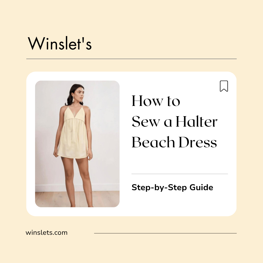Nori Halter Beach Dress sewing pattern featuring a mini backless silhouette, deep V-neck halter neckline, gathered empire waist, and adjustable straps.