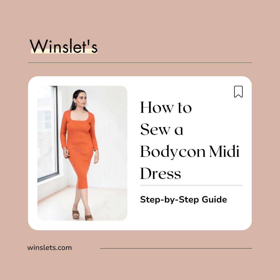 Finch Bodycon Midi Dress sewing pattern featuring a fitted midi-length silhouette, square neckline, long sleeves, and 1x1 spandex rib knit fabric.