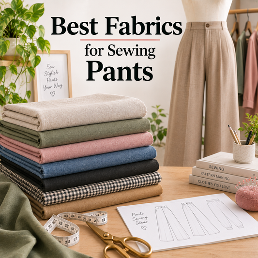 Best fabrics for sewing pants including denim, cotton twill, canvas, rayon and lightweight fabrics with Winslet’s pants pattern examples