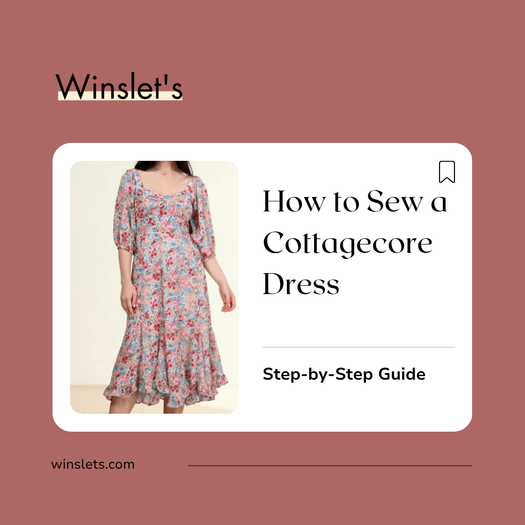 Woman wearing the Winslet's Yasmin Cottagecore Dress Sewing Pattern featuring a scoop neckline, ruched front bodice, puffed sleeves, shirred back, fit and flared midi skirt, and flounced hem.