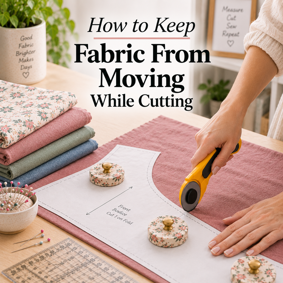 Slippery fabric stabilized with tissue paper while a sewing pattern is pinned and cut with fabric scissors