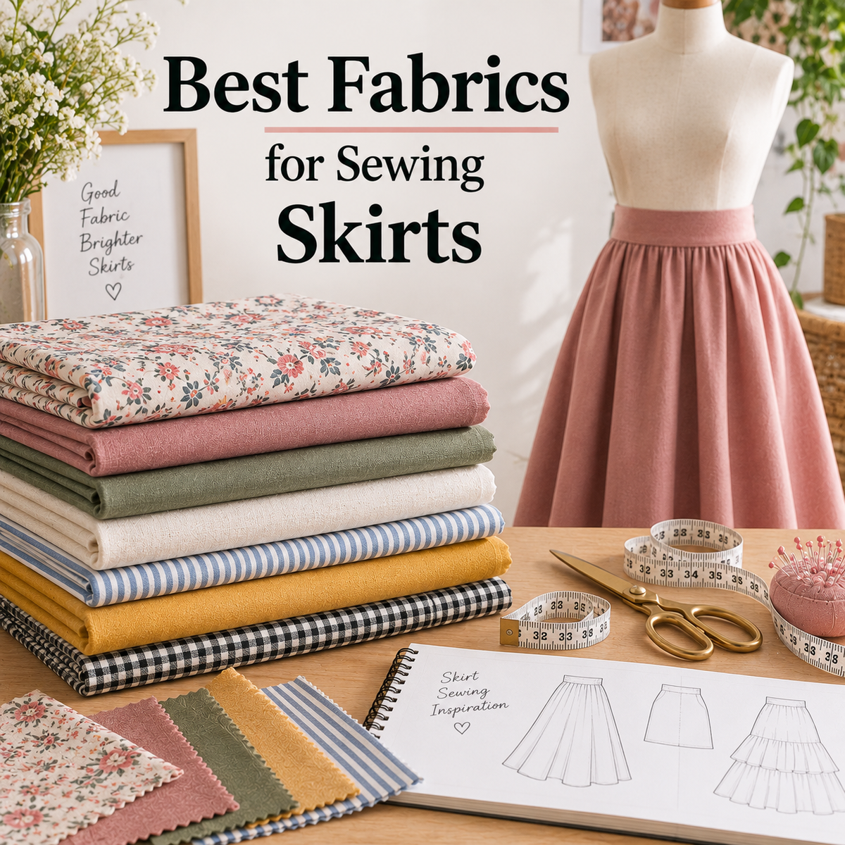 Best fabrics for sewing skirts including denim, corduroy, wool suiting and viscose twill with skirt sewing pattern examples