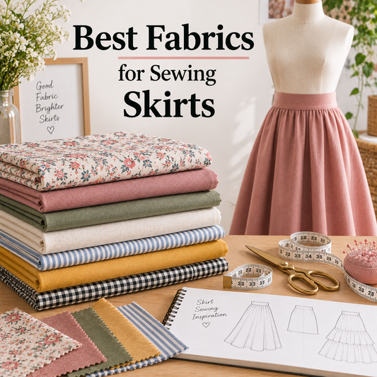 Best fabrics for sewing skirts including denim, corduroy, wool suiting and viscose twill with skirt sewing pattern examples