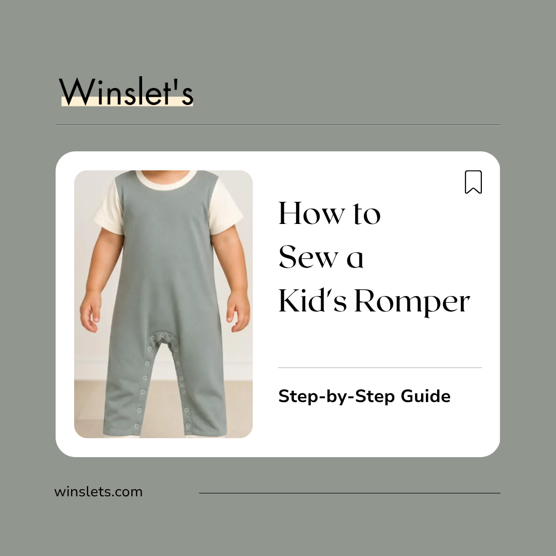 Child wearing the Winslet's Max Kids Romper featuring short sleeves, a diaper-friendly design, snapped inseam closure, and full-length and knee-length sewing pattern options.