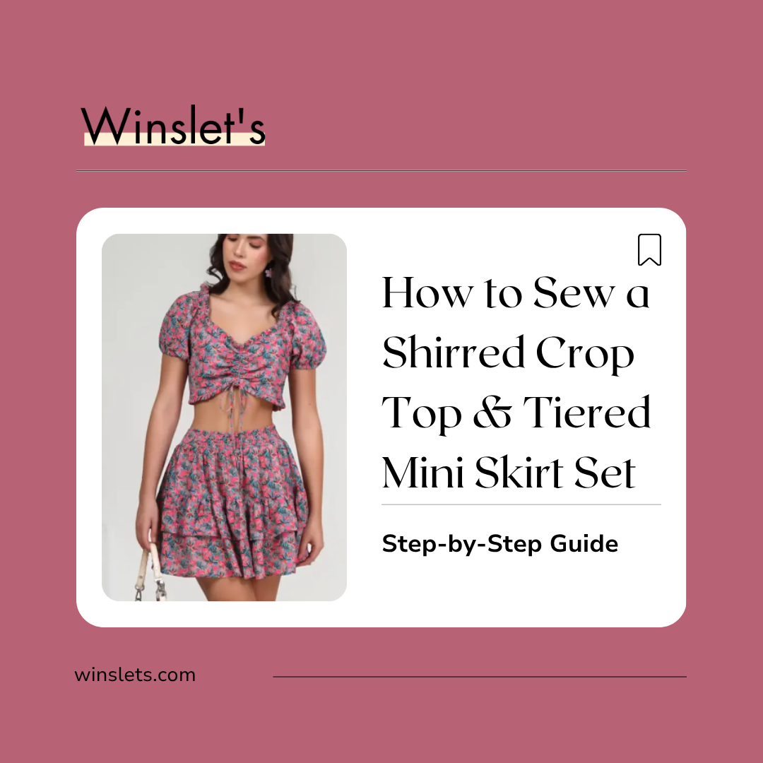 Model wearing the Winslet's Mariposa Shirred Crop Top &amp; Tiered Mini Skirt Set featuring a shirred crop top with puff sleeves, decorative neckline frill, adjustable front drawstring, and a matching tiered mini skirt with a shirred waistband.