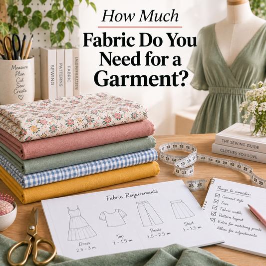 Sewing pattern pieces arranged with a measuring tape to calculate how much fabric is needed for a garment
