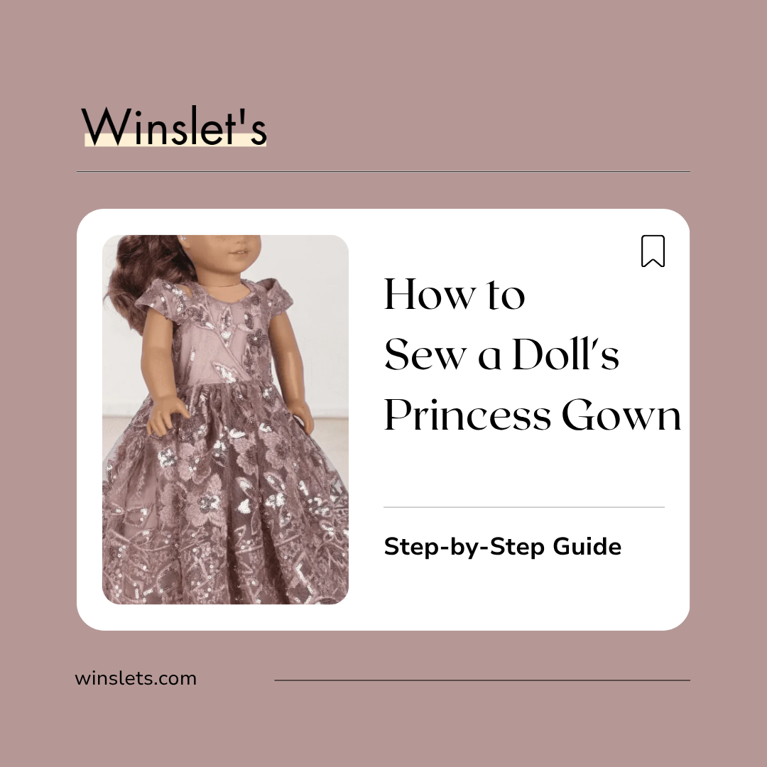 Amora Doll's Princess Gown sewing pattern featuring a cold-shoulder doll gown with shoulder straps, a full-length gathered skirt, zipper back, and optional petticoat.