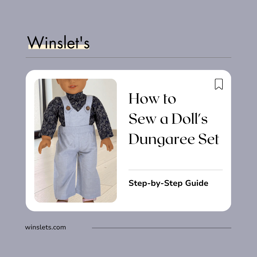 Brooke Doll's Dungaree Set sewing pattern featuring a long-sleeve high-neck doll top with a center back Velcro closure and matching straight-fit overalls with an elastic waistband and buttoned shoulder yokes.