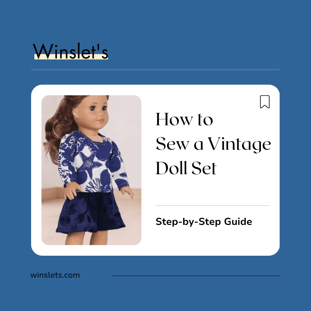 Crissy Vintage Doll Set sewing pattern featuring a long-sleeve squared-neck doll top with a center back Velcro closure and a knee-length flared skirt with a side zipper and hook-and-eye waistband closure.