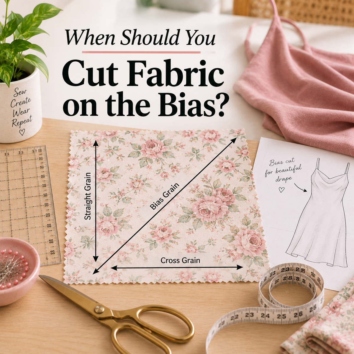 How to cut fabric on the bias using a 45-degree true bias grainline and selvage alignment