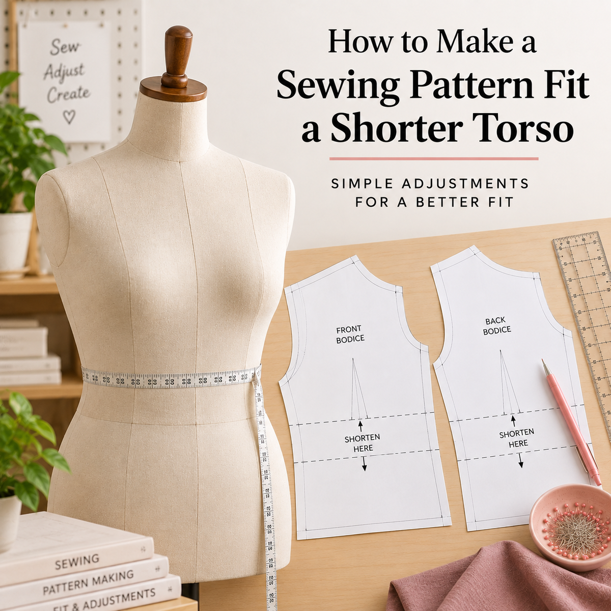 How to make a sewing pattern fit a shorter torso by shortening the bodice above the waist