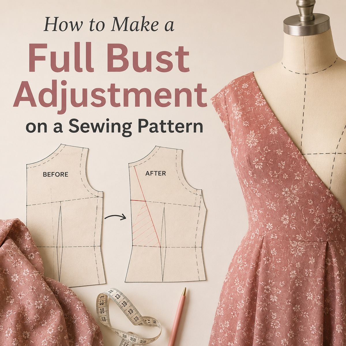 Sewing pattern being adjusted with a Full Bust Adjustment at the bust apex