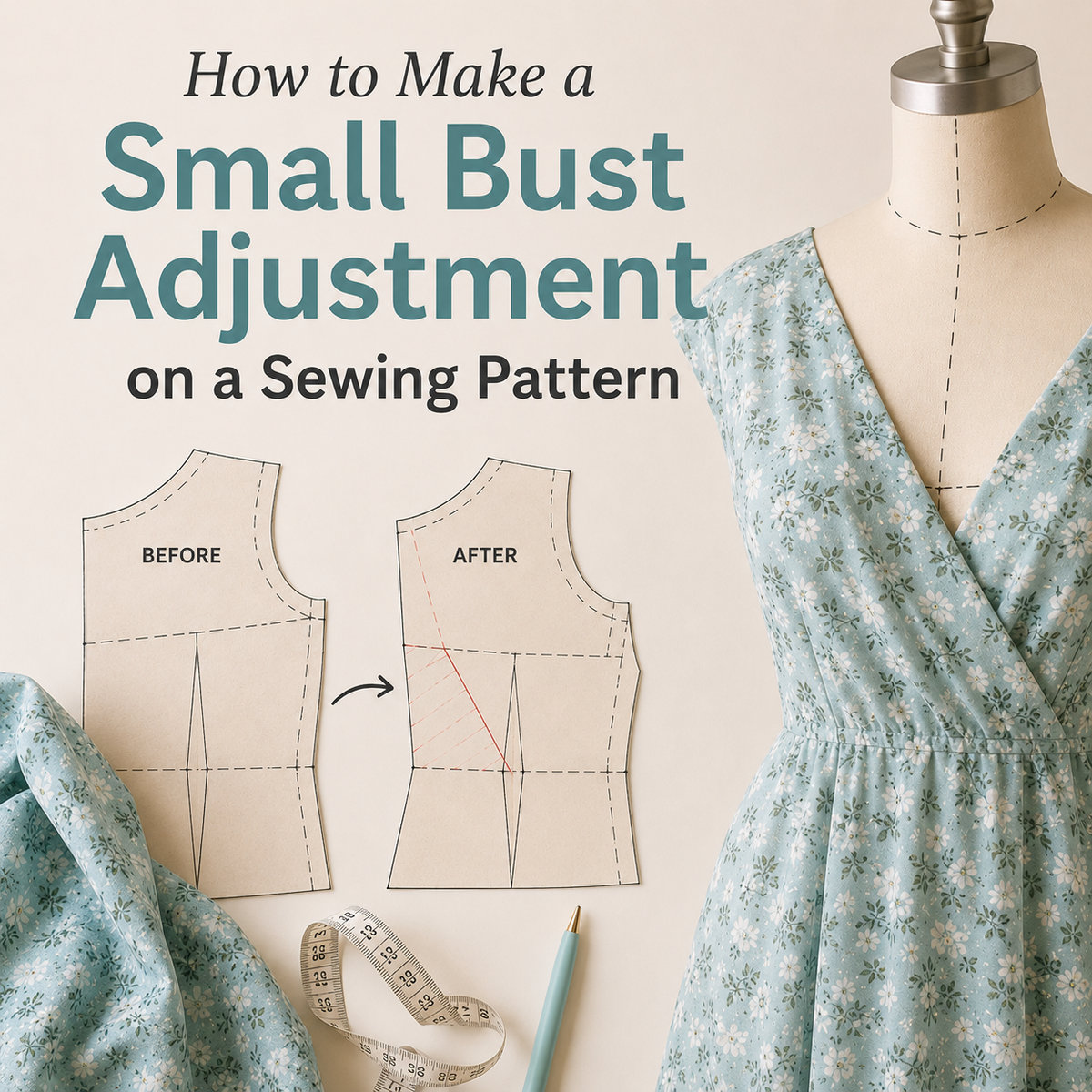 Sewing pattern being adjusted with a Small Bust Adjustment around the bust area