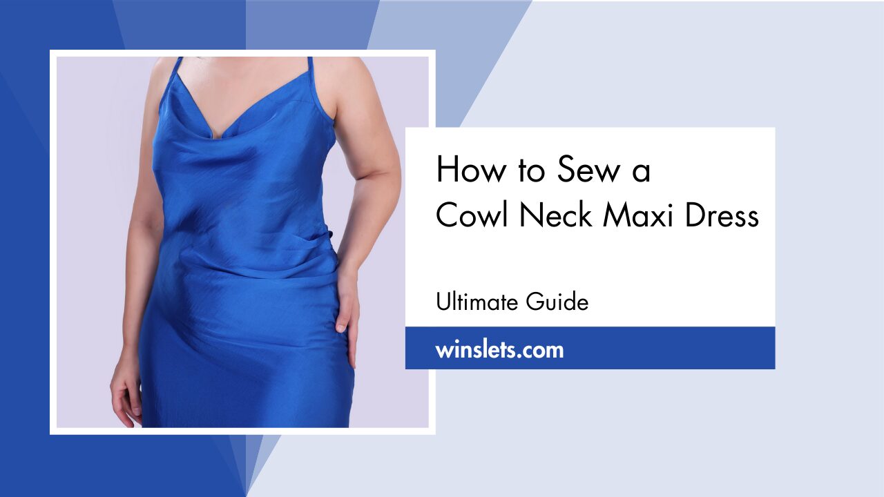 Woman wearing a royal blue cowl neck maxi dress – sewing tutorial guide.
