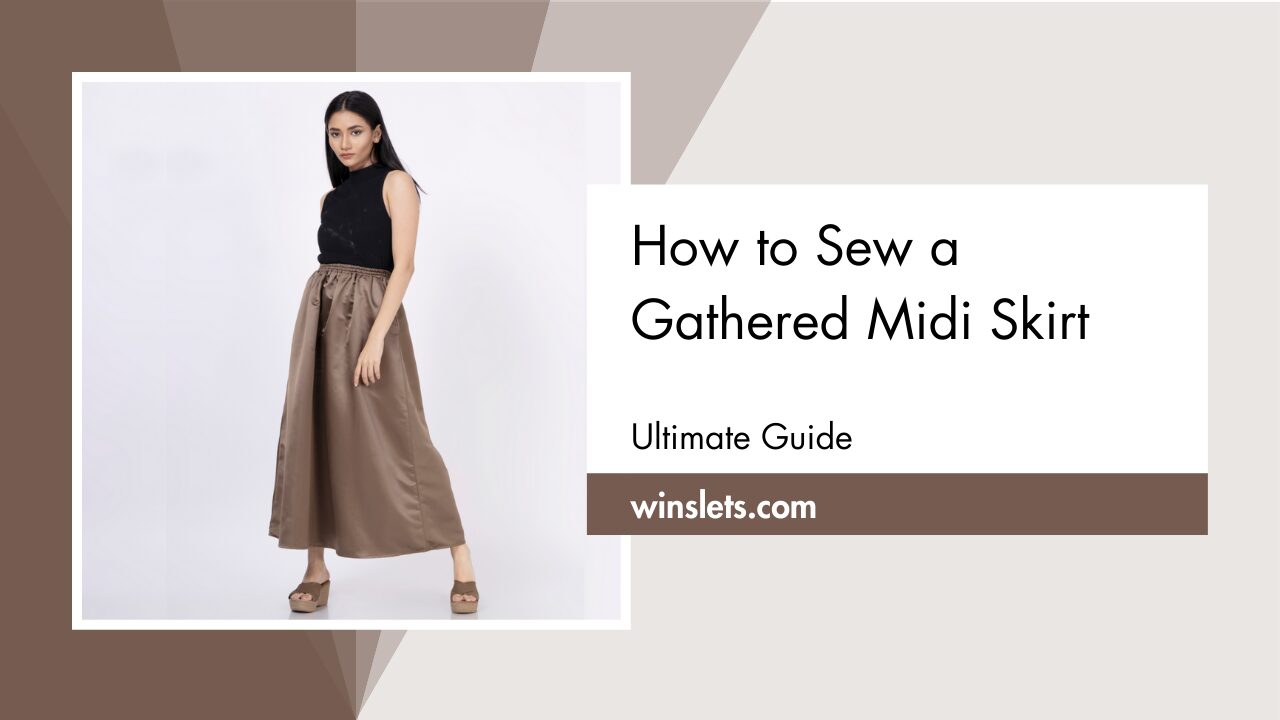 Woman wearing a brown gathered midi skirt – sewing tutorial guide.