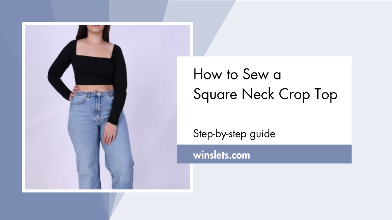 Woman wearing a black square neck crop top and jeans – sewing tutorial guide.
