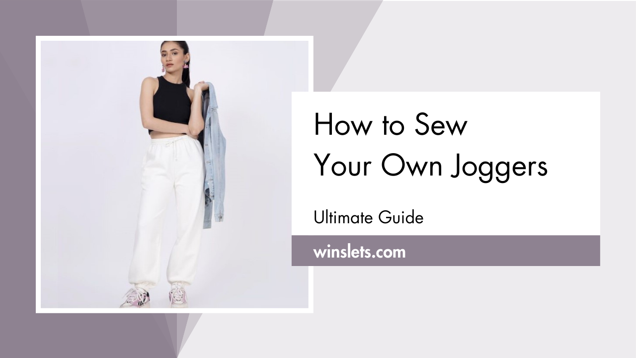 Woman wearing white joggers and holding denim jacket – sewing joggers guide.