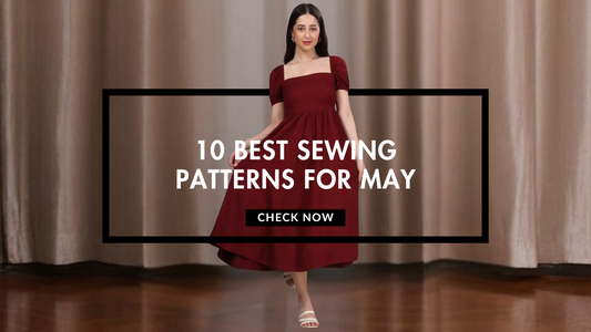 Stylish woman in burgundy dress showcasing best May sewing patterns.