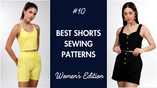 Stylish women's shorts sewing patterns in yellow activewear and black buttoned romper.