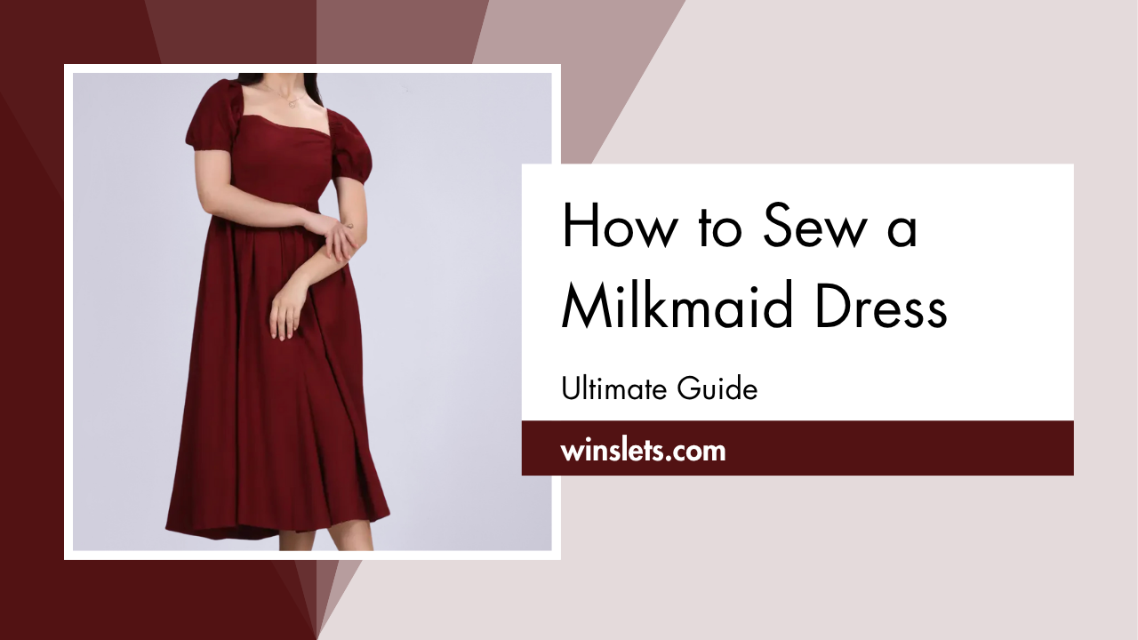 Woman wearing a burgundy milkmaid dress with puff sleeves.