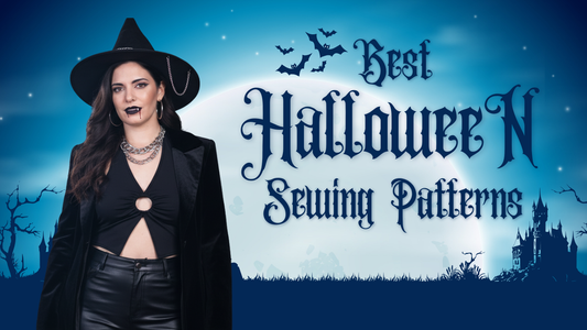 Stylish witch costume withBest Halloween Sewing Patterns" text in spooky font.